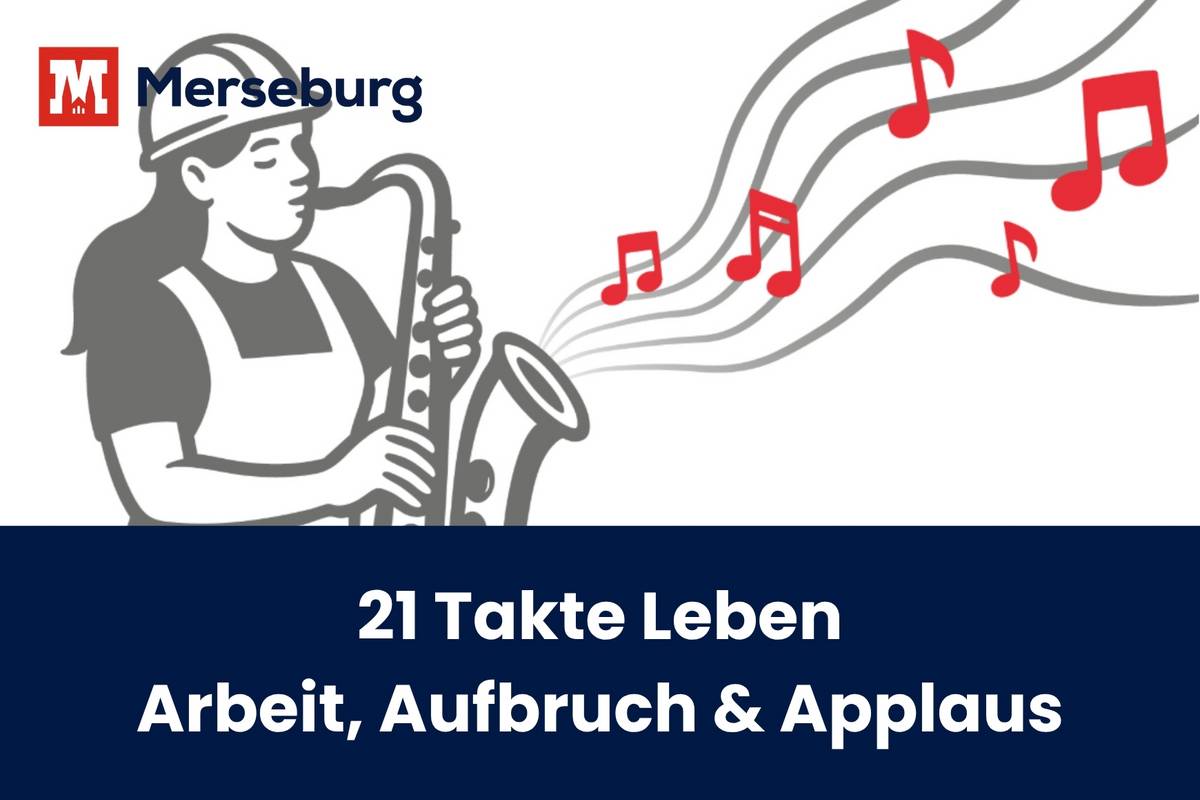 eine grau und rot gehaltene Grafik auf weißem Hintergrund von einer Frau in Latzhose und mit Helm, die Saxophon spielt, außerdem das Motto der diesjährigen DEFA-Filmtage: 21 Takte Leben - Arbeit, Aufbruch & Applaus