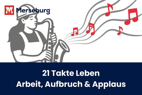 eine grau und rot gehaltene Grafik auf weißem Hintergrund von einer Frau in Latzhose und mit Helm, die Saxophon spielt, außerdem das Motto der diesjährigen DEFA-Filmtage: 21 Takte Leben - Arbeit, Aufbruch & Applaus